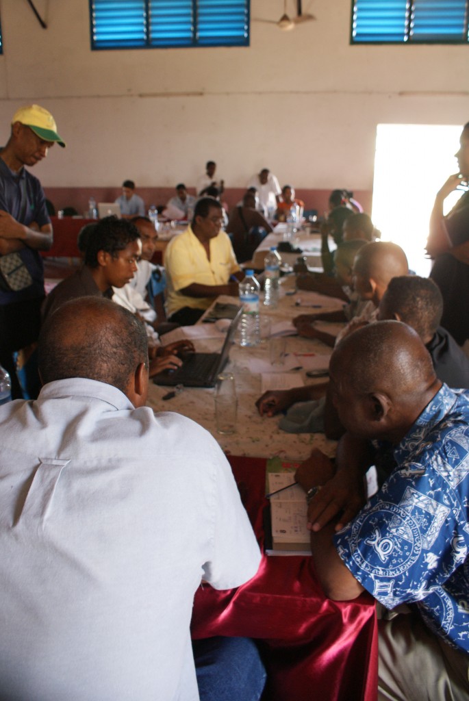 Workshop attendants working together to discuss the define the causes of mangrove deforestation in the Tsiribihina Delta