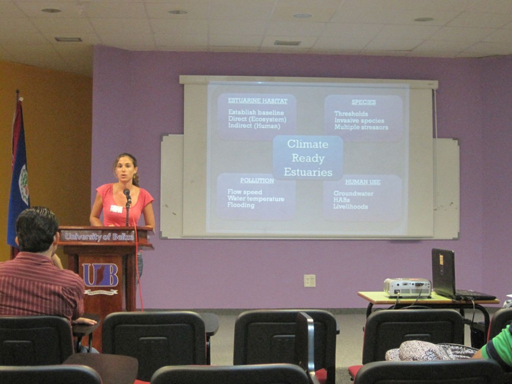 Blue Ventures’ Country Coordinator for Belize, Jen Chapman, presents at the 7th Annual Natural Resource Management Symposium at the University of Belize. Photo Credit: Dr. Annelise Hagan.