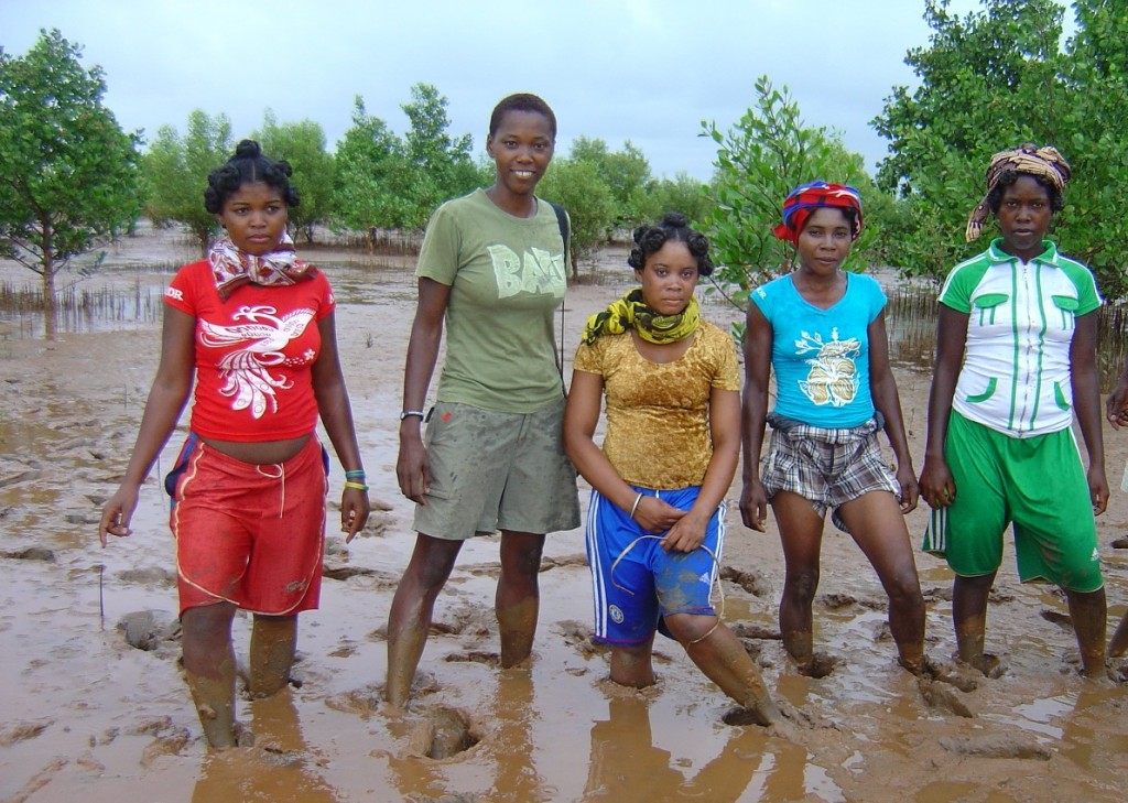 Sylvia hard at work in the mud (second from the right)