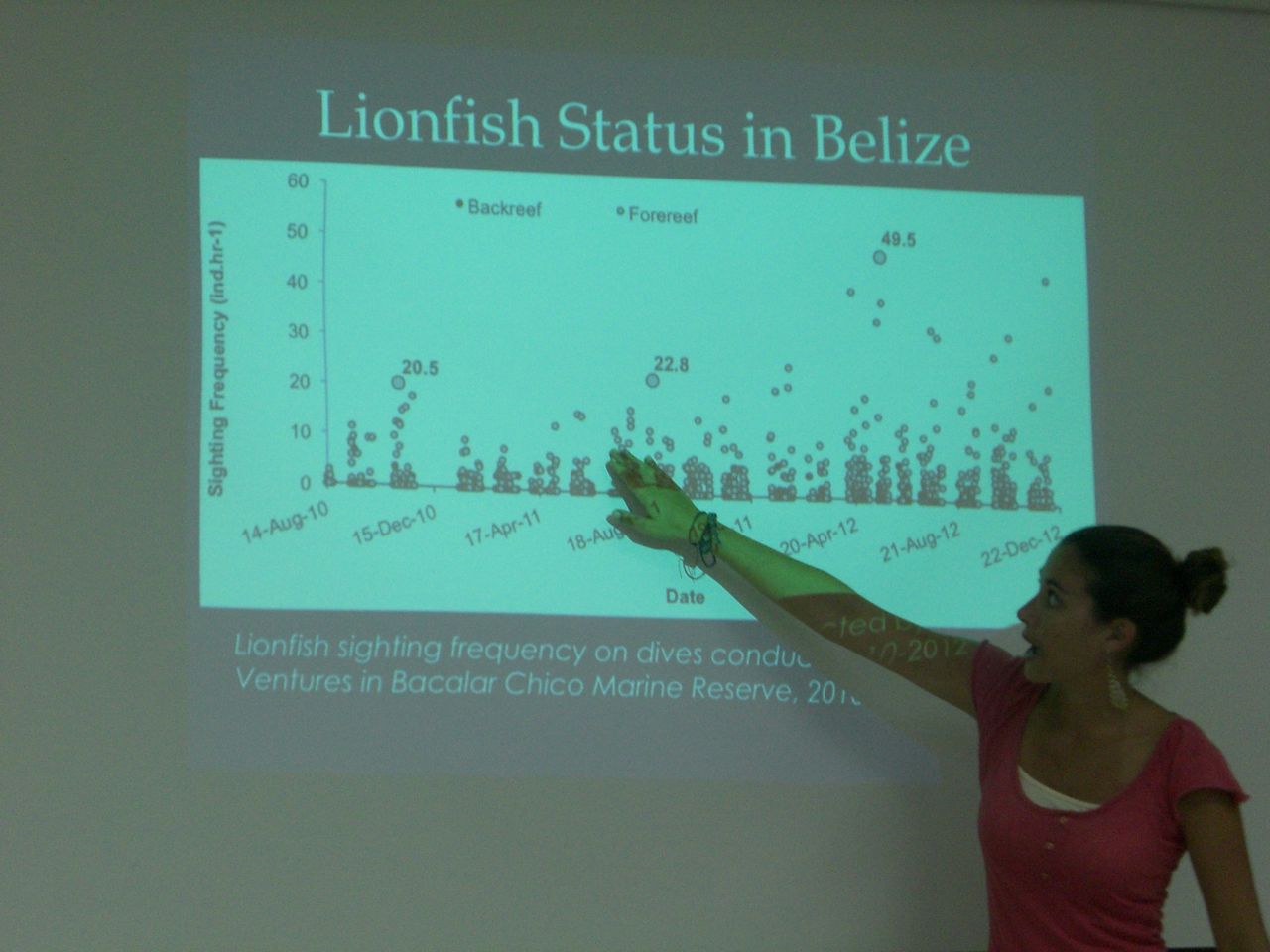 Jen points out the strong increase in lionfish sighting frequencies during dives in Bacalar Chico