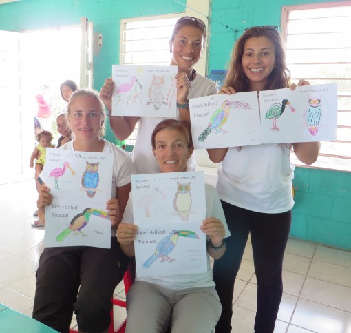 Our volunteers, Susan, Teddy and Frida, with Pippa at the end of their day in the preschool.