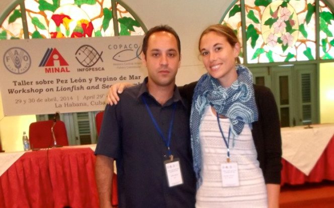 Jen and Alain Garcia Rodriguez, a researcher with the Cuban National Aquarium studying lionfish population status and diet preference in relation to habitat.