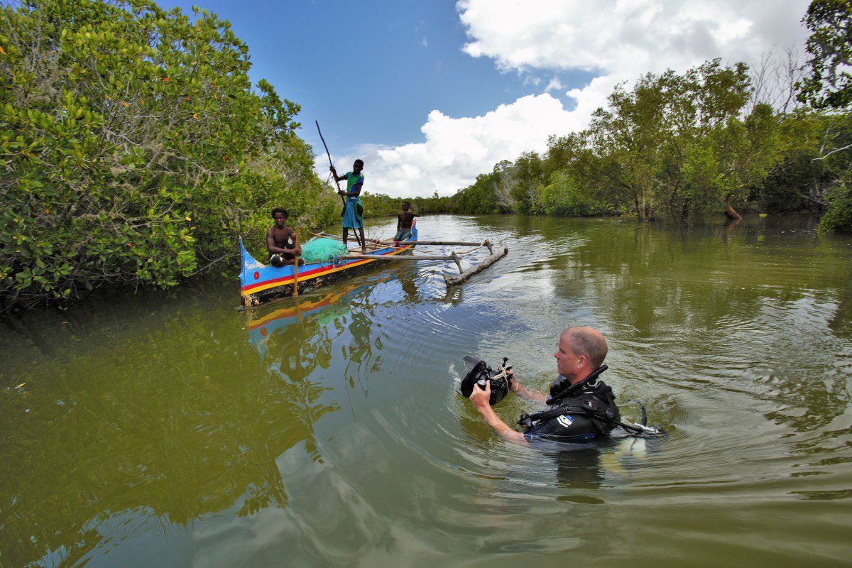 Our filmmaker Chris Scarffe getting into the thick of the mangroves during filming