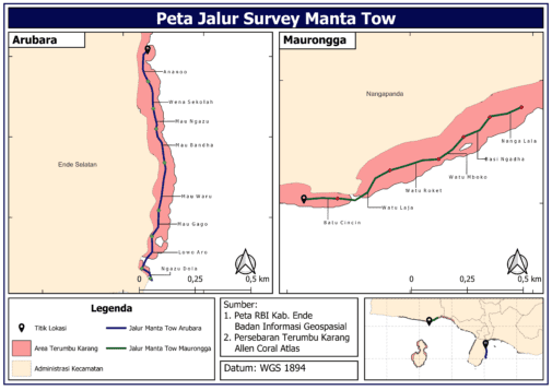 Map of Manta Tow Survey Routes in Arubara Hamlet, and Maurongga Village